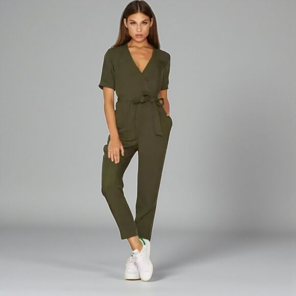 French Connection Olive Tencel Jumpsuit 8 Wrap Tie Military Casual - Picture 1 of 16